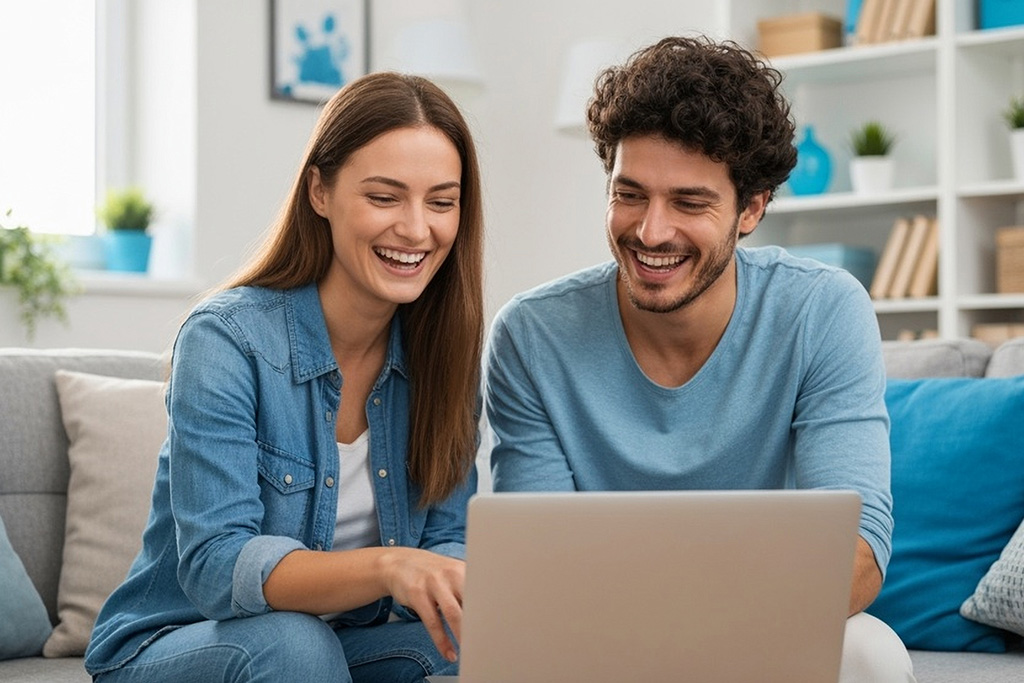 Couple researching on laptop