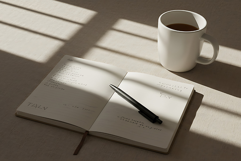 Desktop with notes and coffee